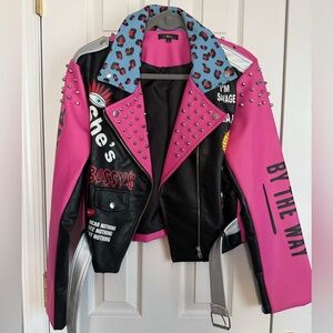 Stylish Vegan Leather Pink and Black Studded Women's Jacket